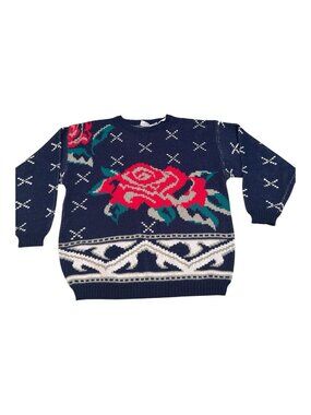 Red Rose Winter Grannycore Vintage 1980s Sweater Size‎ Large Avon Fashions 80's